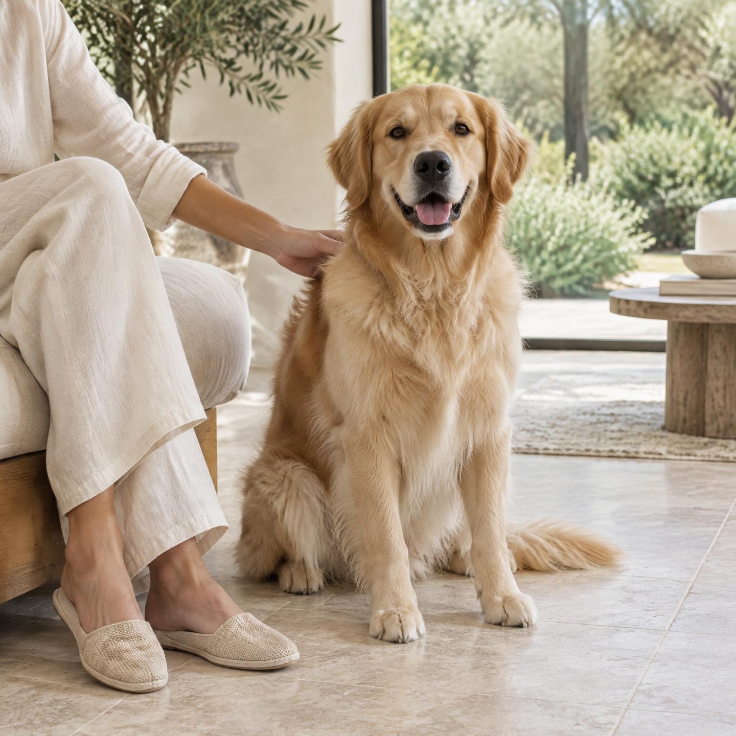 A golden retriever enjoying a quiet moment beside its owner in natural light